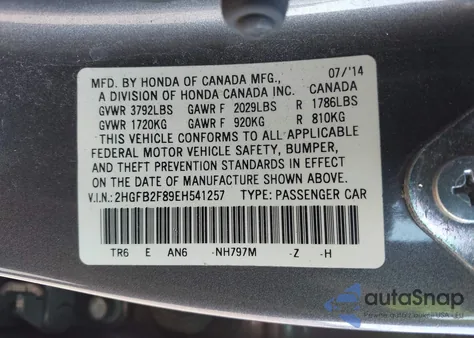 2014 Honda Civic Ex from USA, damaged, VIN 2HGFB2F89EH541257
